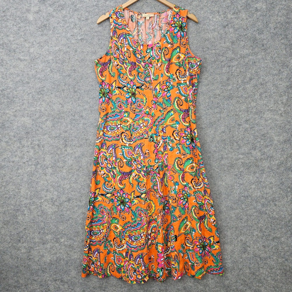 Choices Midi Dress Women's Large Orange Paisley Sleeveless Pleated Fit & Flare